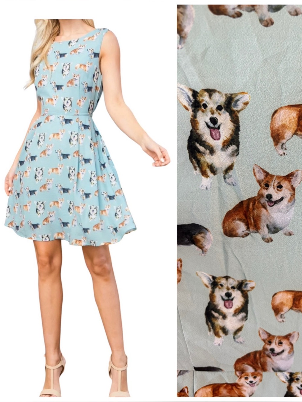 LA SOUL Blue Corgi Print Sleeveless Dress